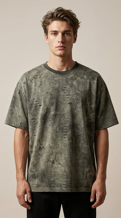 Urban Grunge Down-Shoulder Acid Wash T-Shirt